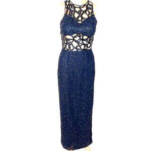 Sean Collection Navy Cutout Beaded Silk Gown Fully Lined Formal Evening Dress XS